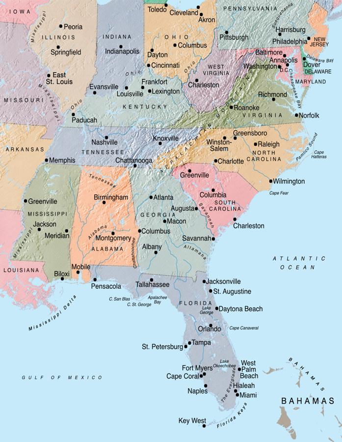 Mapa Leste dos EUA